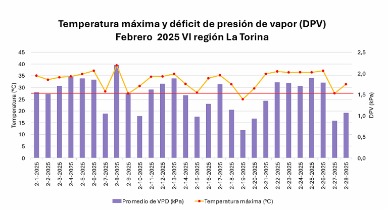 Figura 4. Temperatura máxima y déficit de presión de vapor (DPV). Febrero 2025, VI región, La Torina.